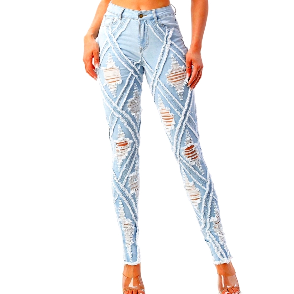 Purple Candy Deluxe Diamond Distressed Light Blue Denim Skinny Jeans Pants
